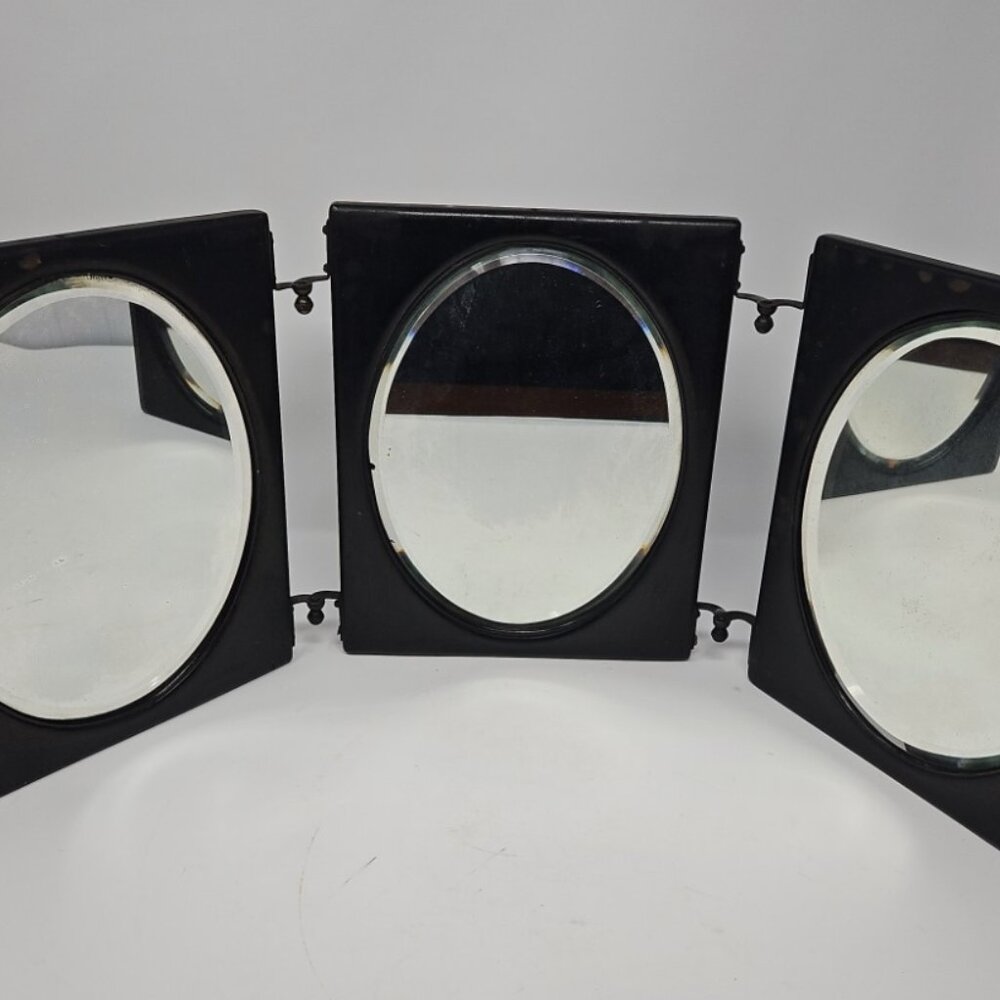 Antique Tri-Fold Wood & Beveled Mens Travel Shaving Mirror Victorian Edwardian